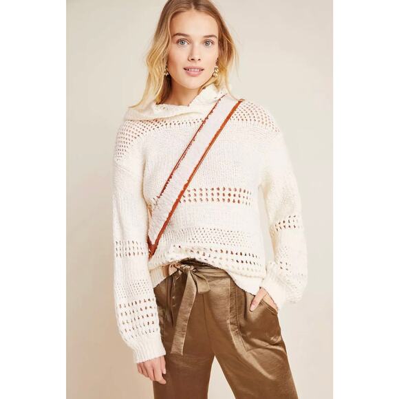 Anthropologie Pointelle Hooded Knit Pullover Sweater Cream Boho Sz Small - Picture 1 of 8